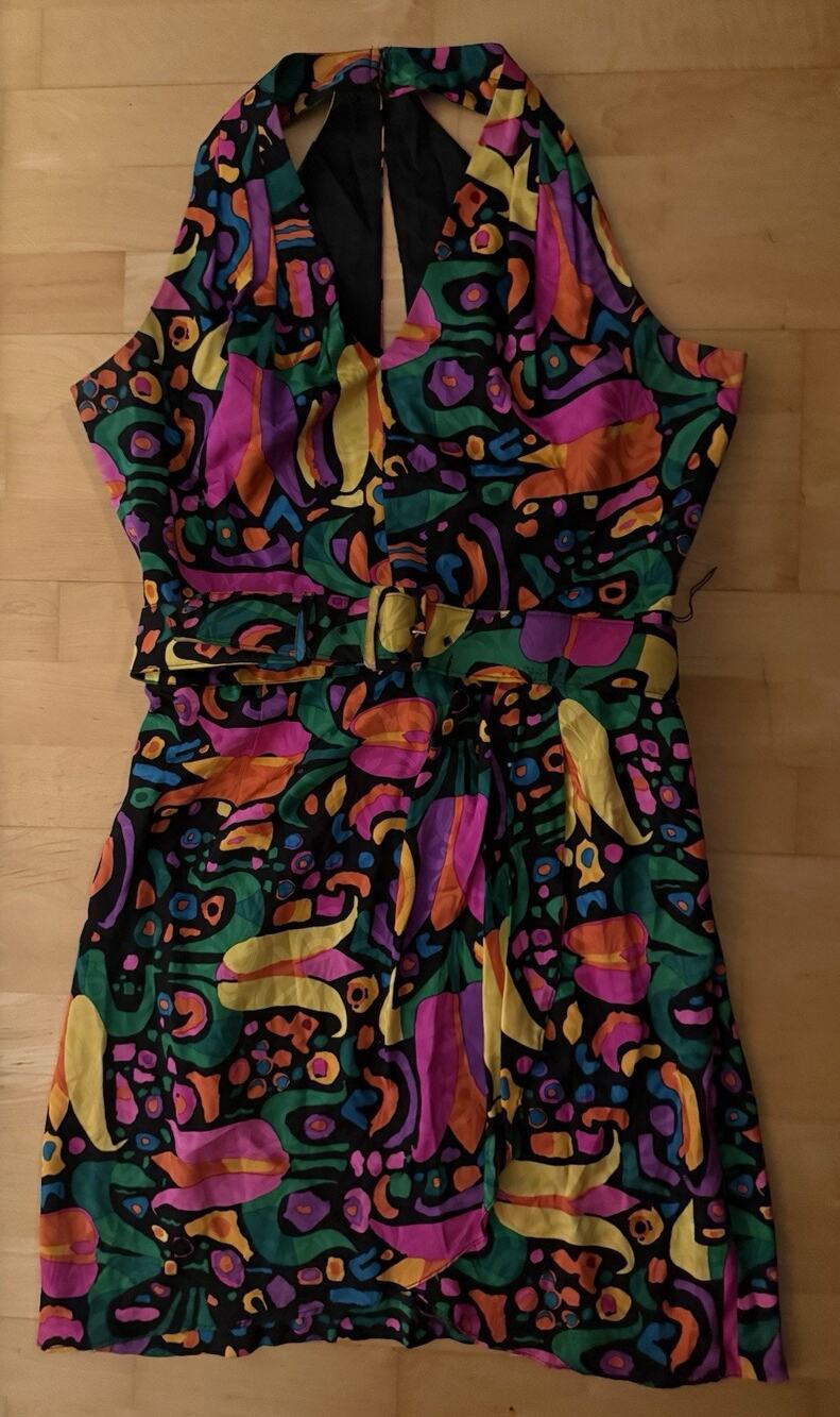 VTG I.magnin Silk Abstract Print 80s Halter Mini Dress 14